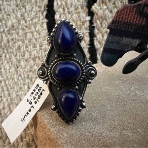 ❤️ Lapis Lazule 3 Stone Oxidized Sterling Silver Size 7 Navajo Ring 11.7 Gms